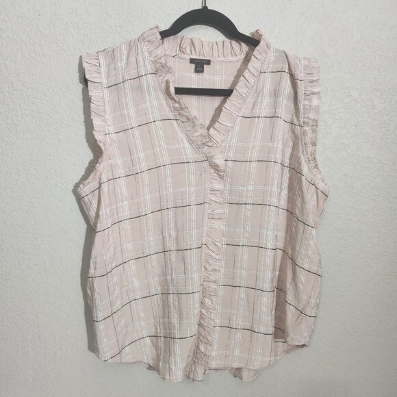 Ann Taylor Blouse XL Sleeveless Pink Plaid Ruffle Trim - Picture 1 of 10